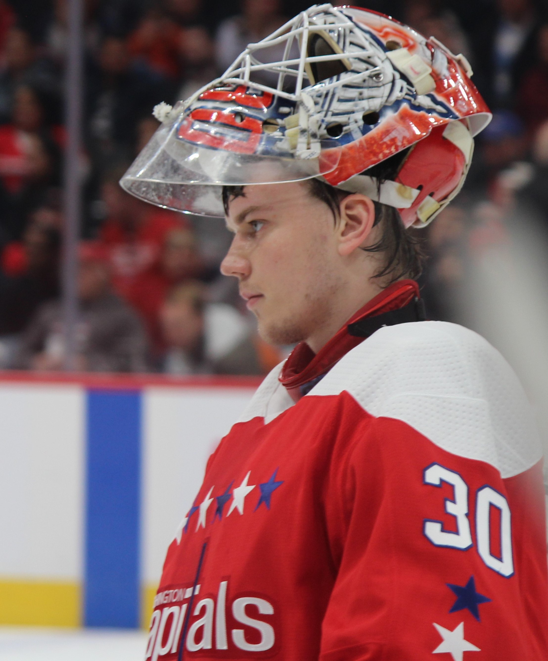 Ilya Samsonov, Capitals goaltender, positioned in his net