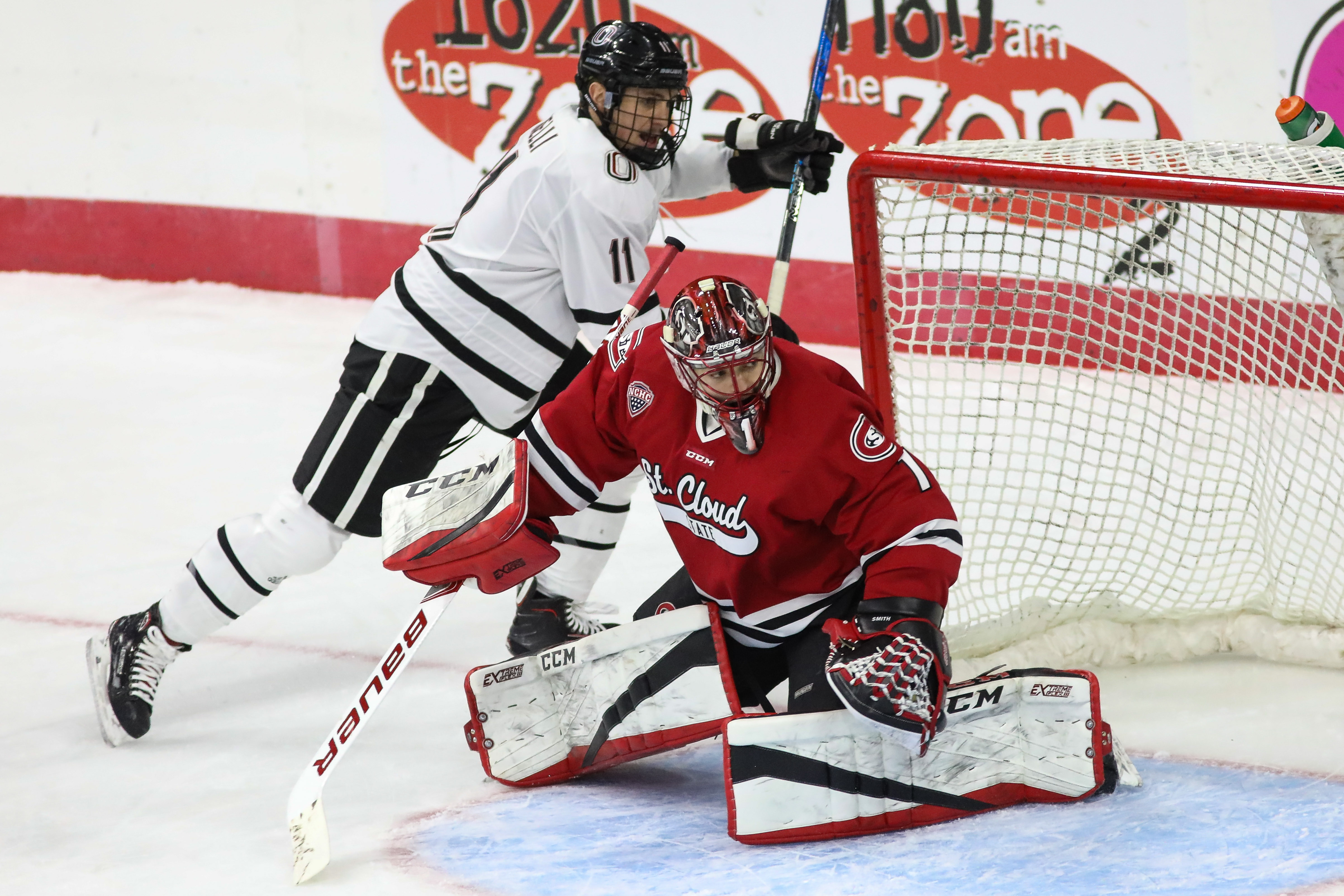 Mason Morelli trying to make something happen near the net in 2017