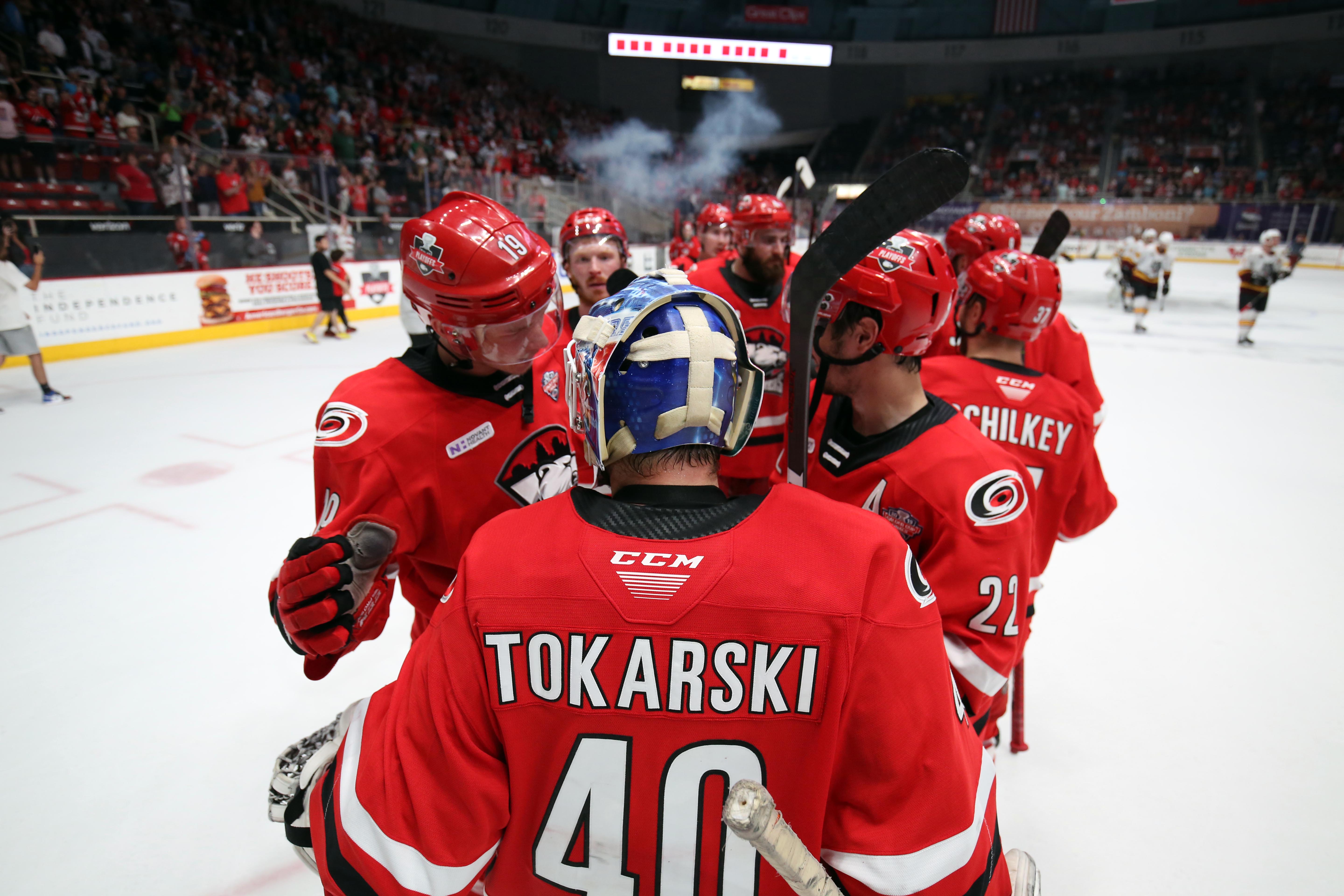 Dustin Tokarski celebrating with the Charlotte Checkers