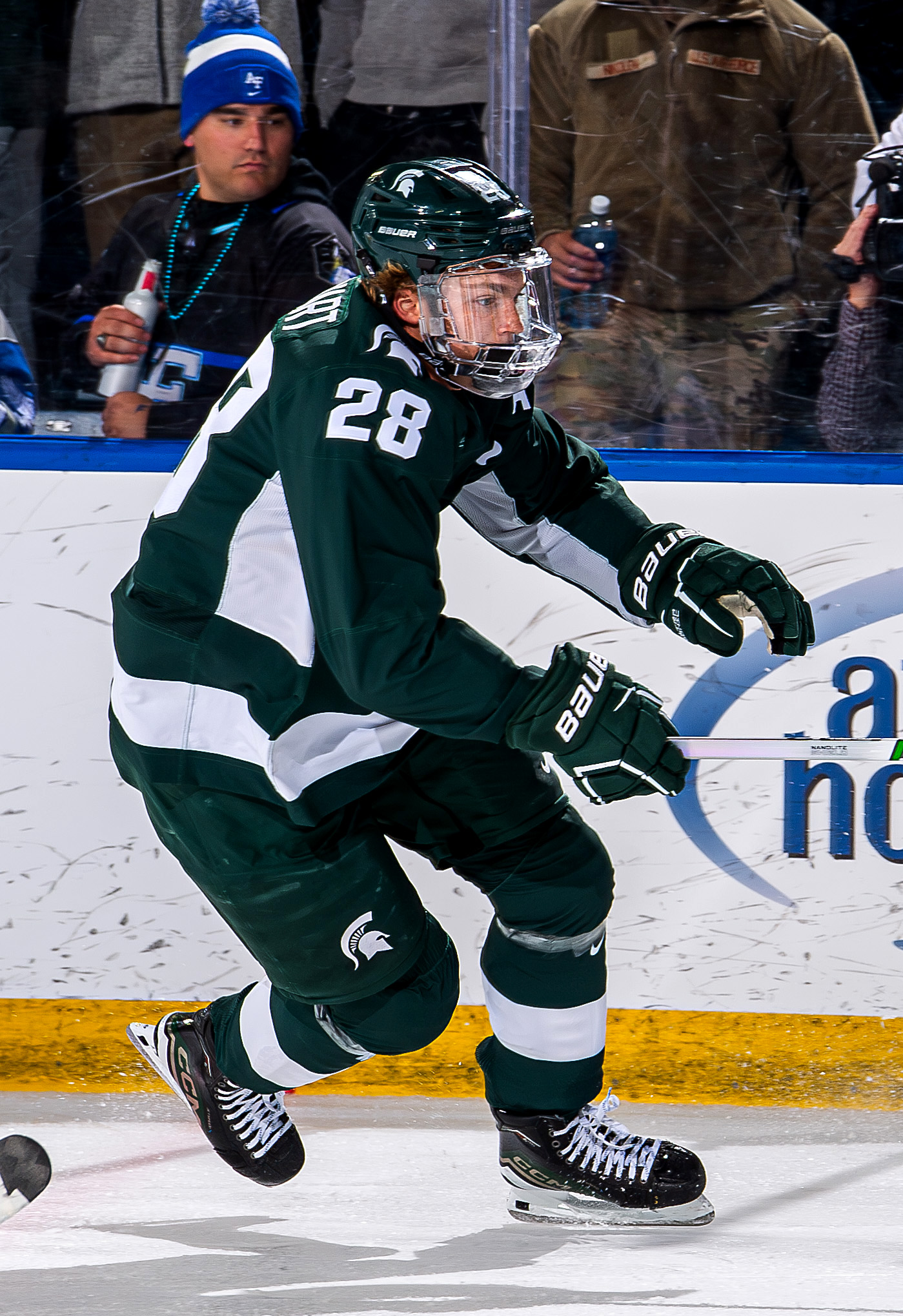 Karsen Dorwart in Michigan State uniform during game in Colorado Springs, Oct. 12, 2023
