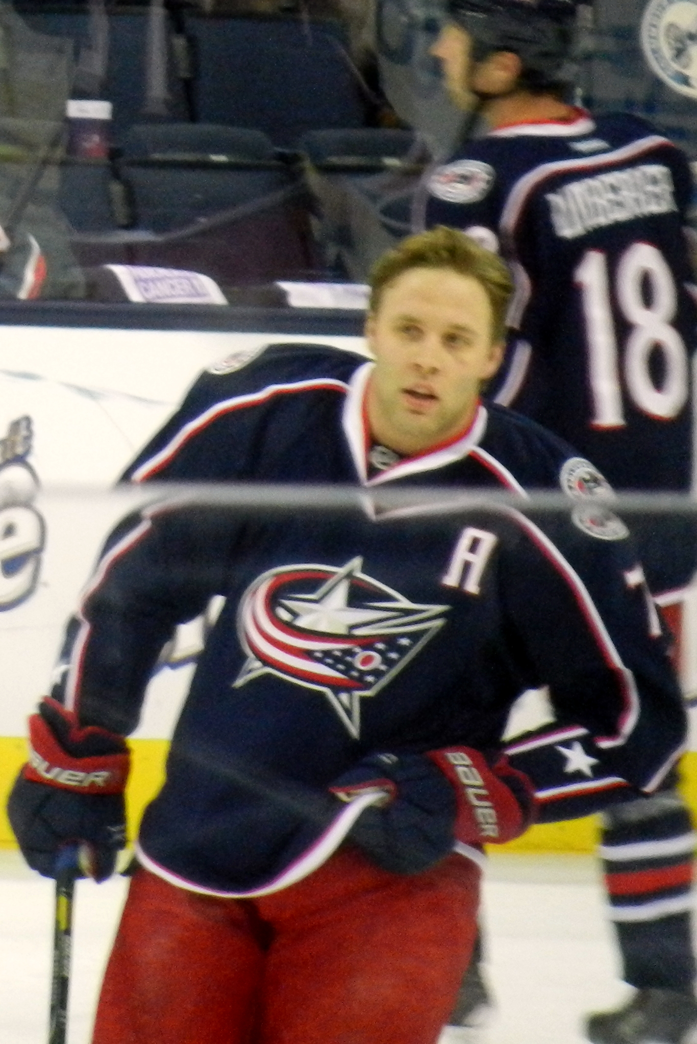 Jack Johnson in pre-game warm-up for the Blue Jackets, 2013