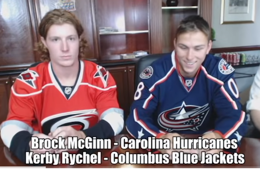 Brock McGinn with Kerby Rychel on ice