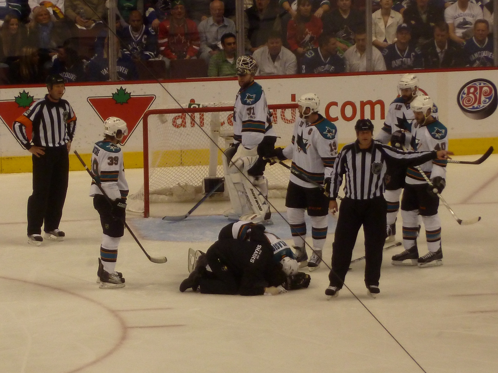 Marc-Edouard Vlasic under pressure in Vancouver game