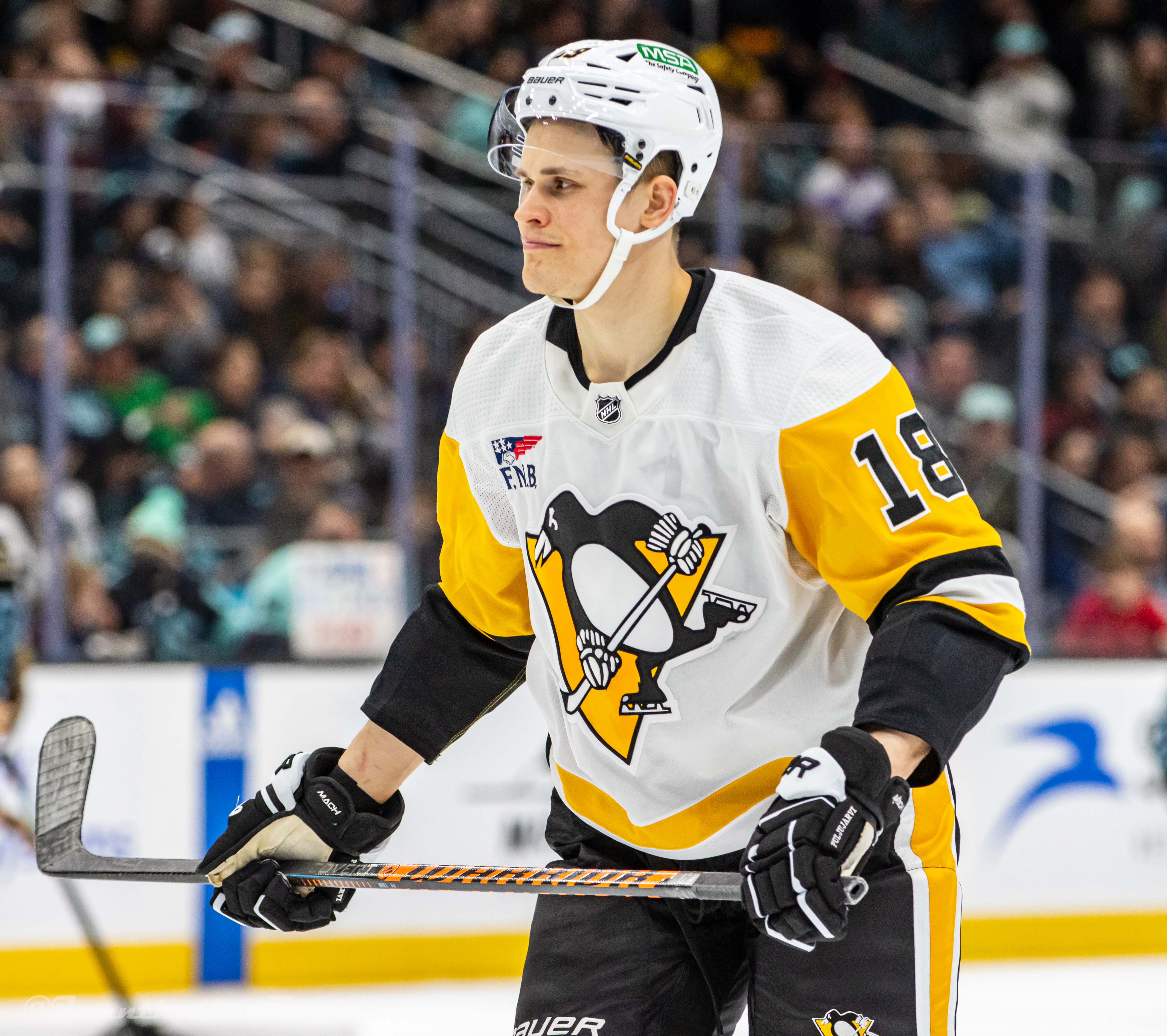 Jesse Puljujärvi wearing Penguins jersey during game in Seattle, 29 Feb 2024