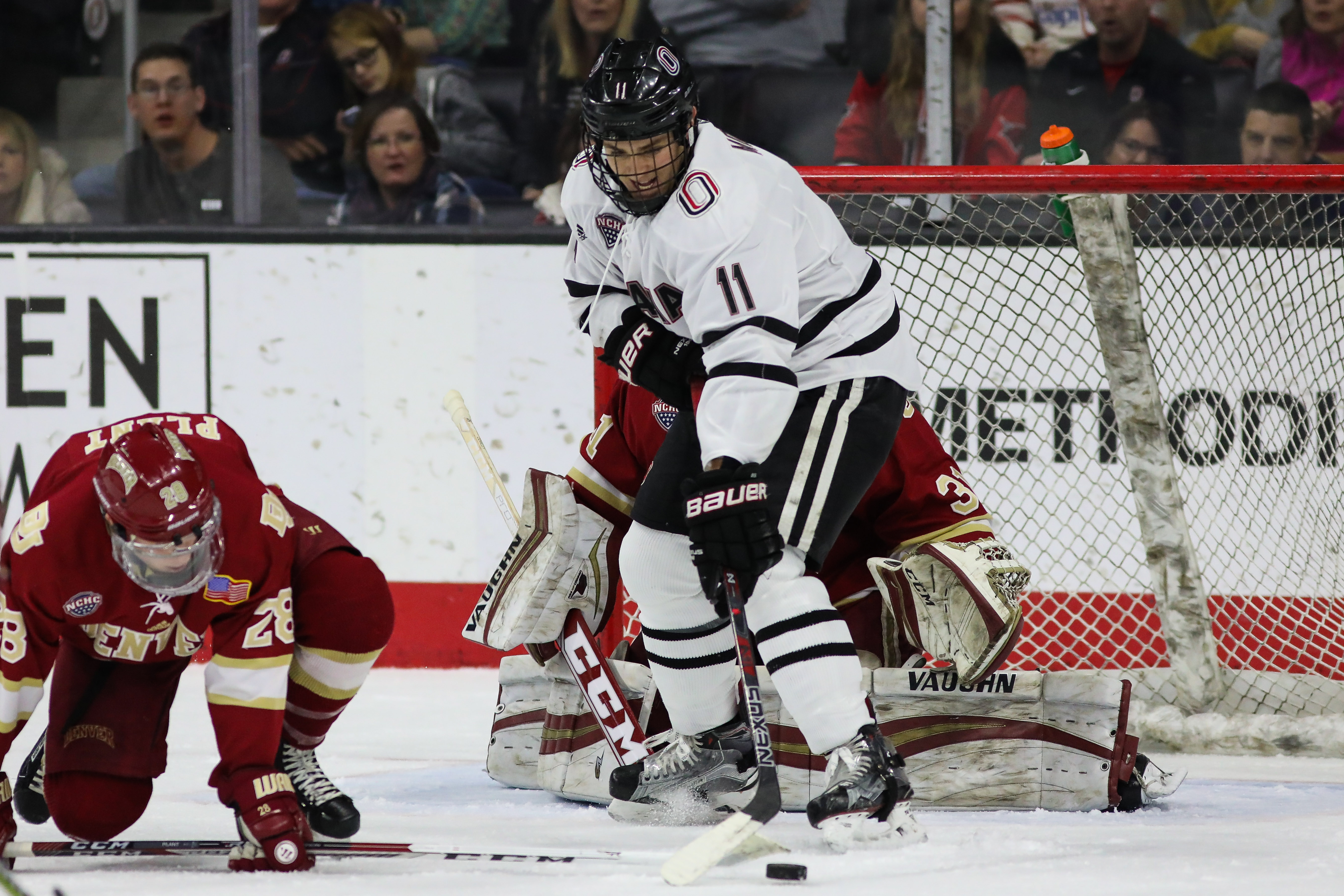 Mason Morelli trying to make something happen in the crease, 2017