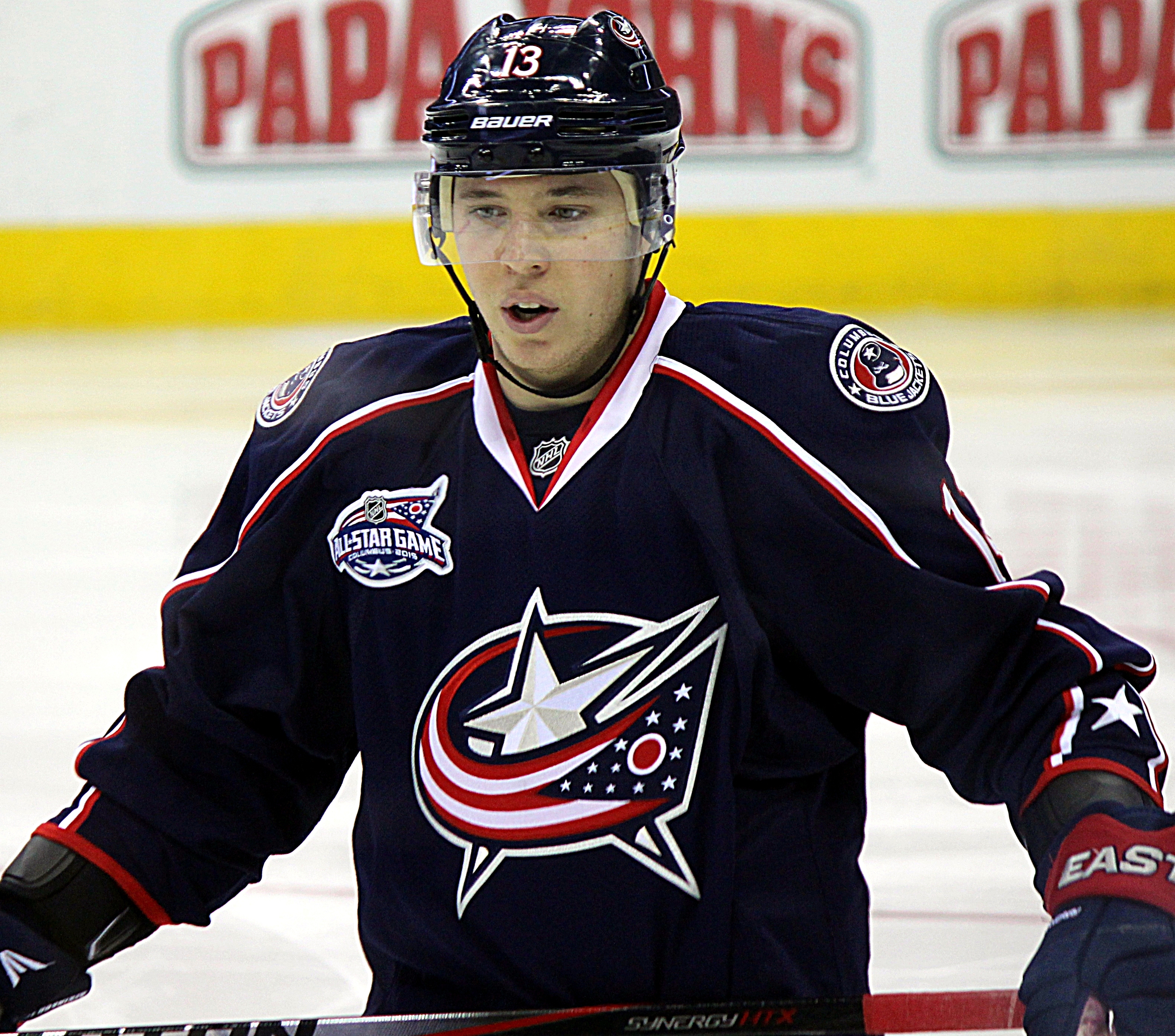 Cam Atkinson in Columbus Blue Jackets uniform during a game vs. Pittsburgh