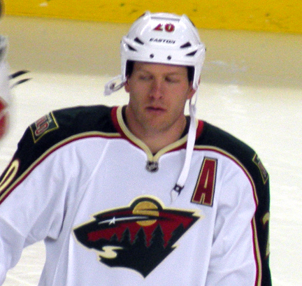 Ryan Suter in Wild equipment before game versus Calgary