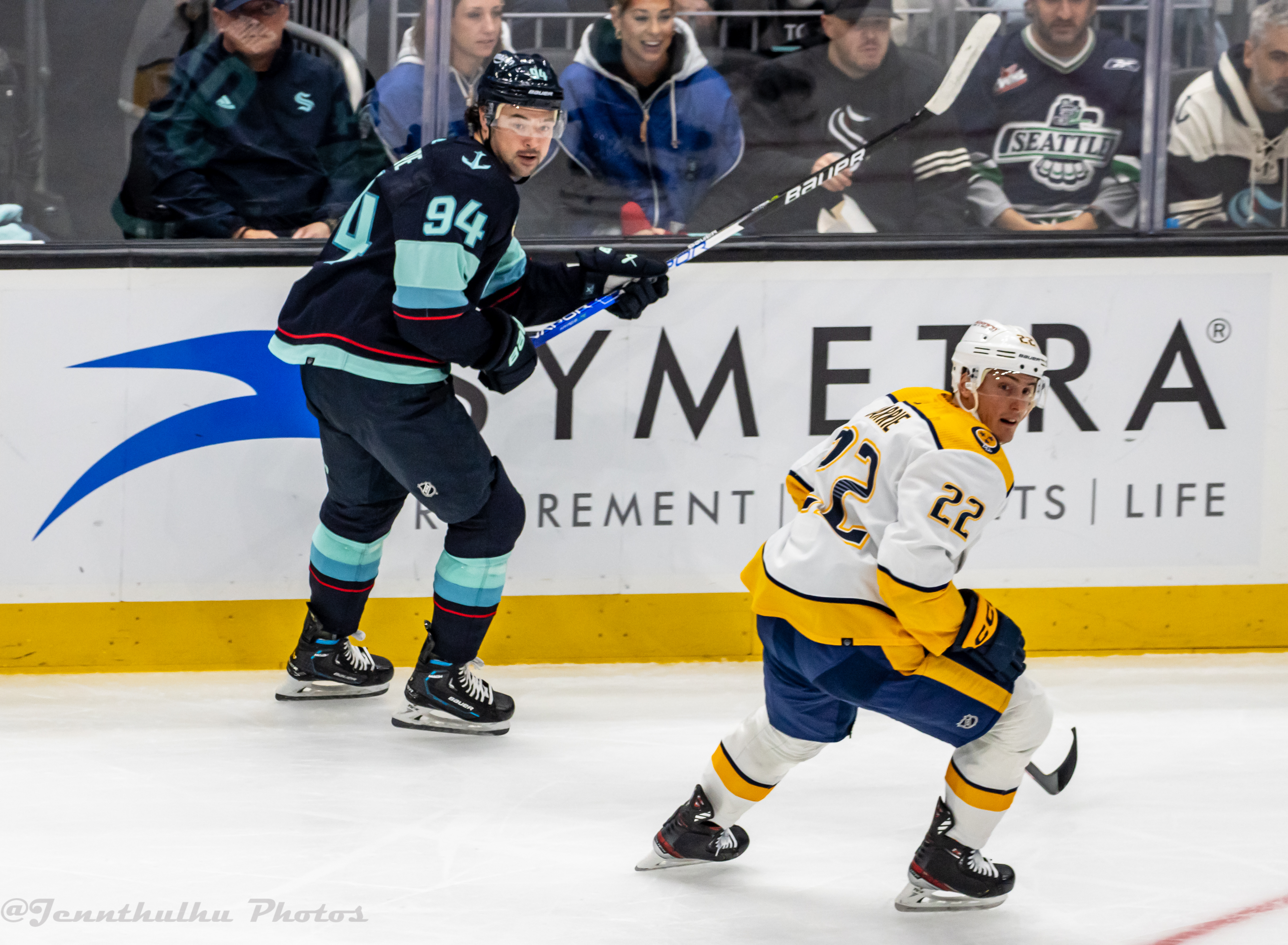 Tyson Barrie with Devin Shore during Predators–Kraken