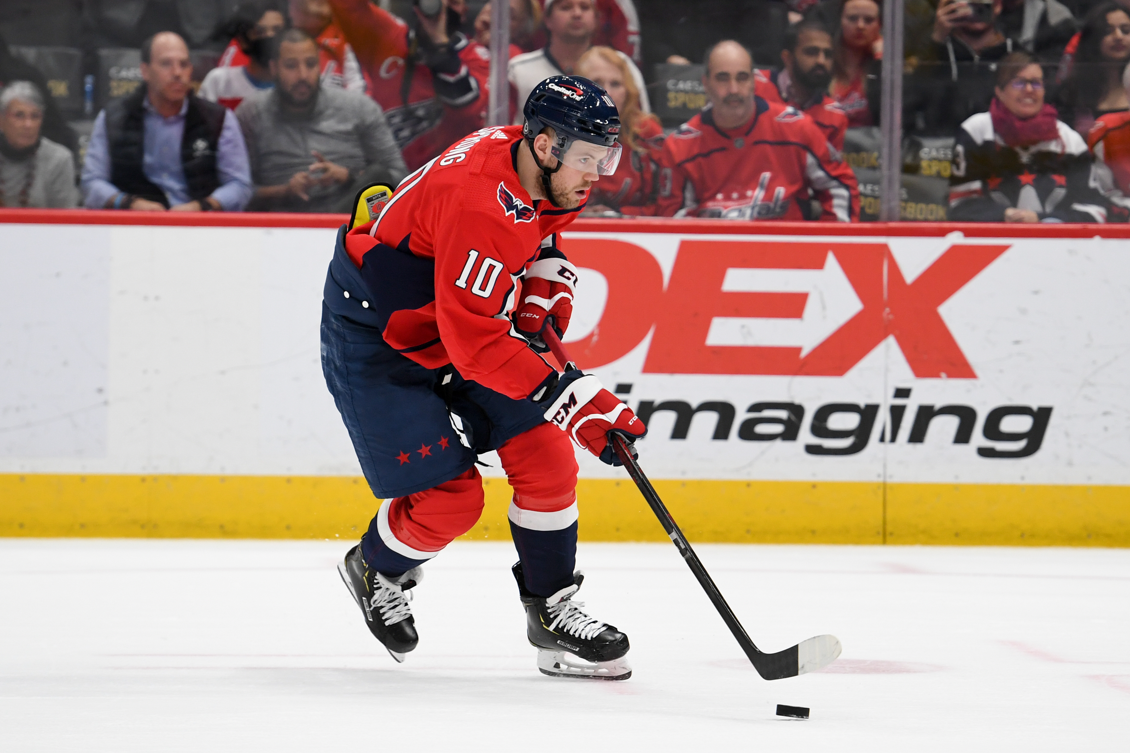 Daniel Sprong skating with the puck during a shootout