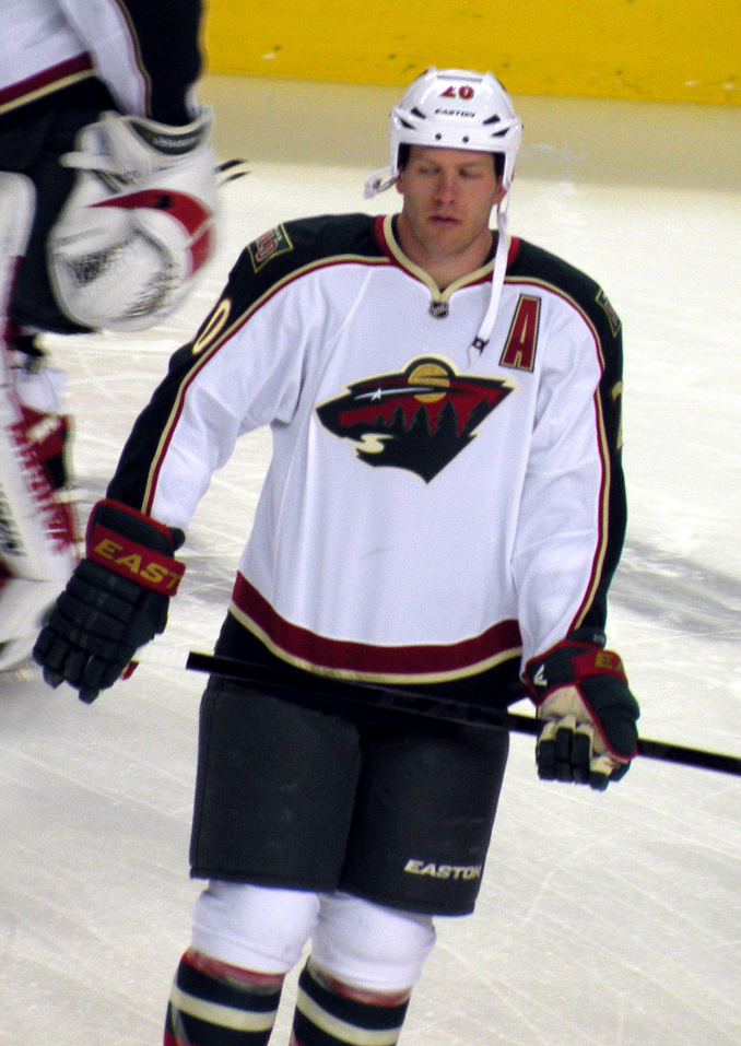 Ryan Suter wearing Minnesota Wild jersey prior to a game against Calgary