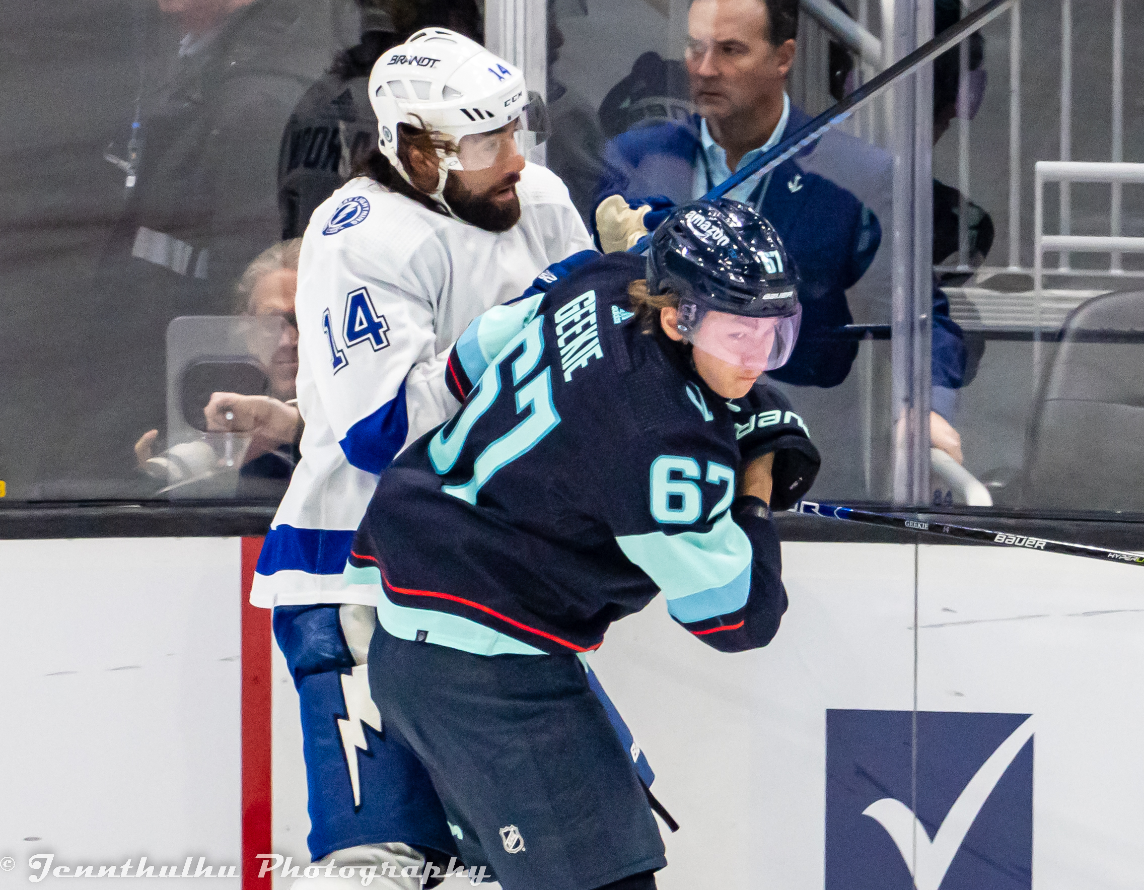 Pat Maroon and Morgan Geekie in action during a game, Jan 16, 2023