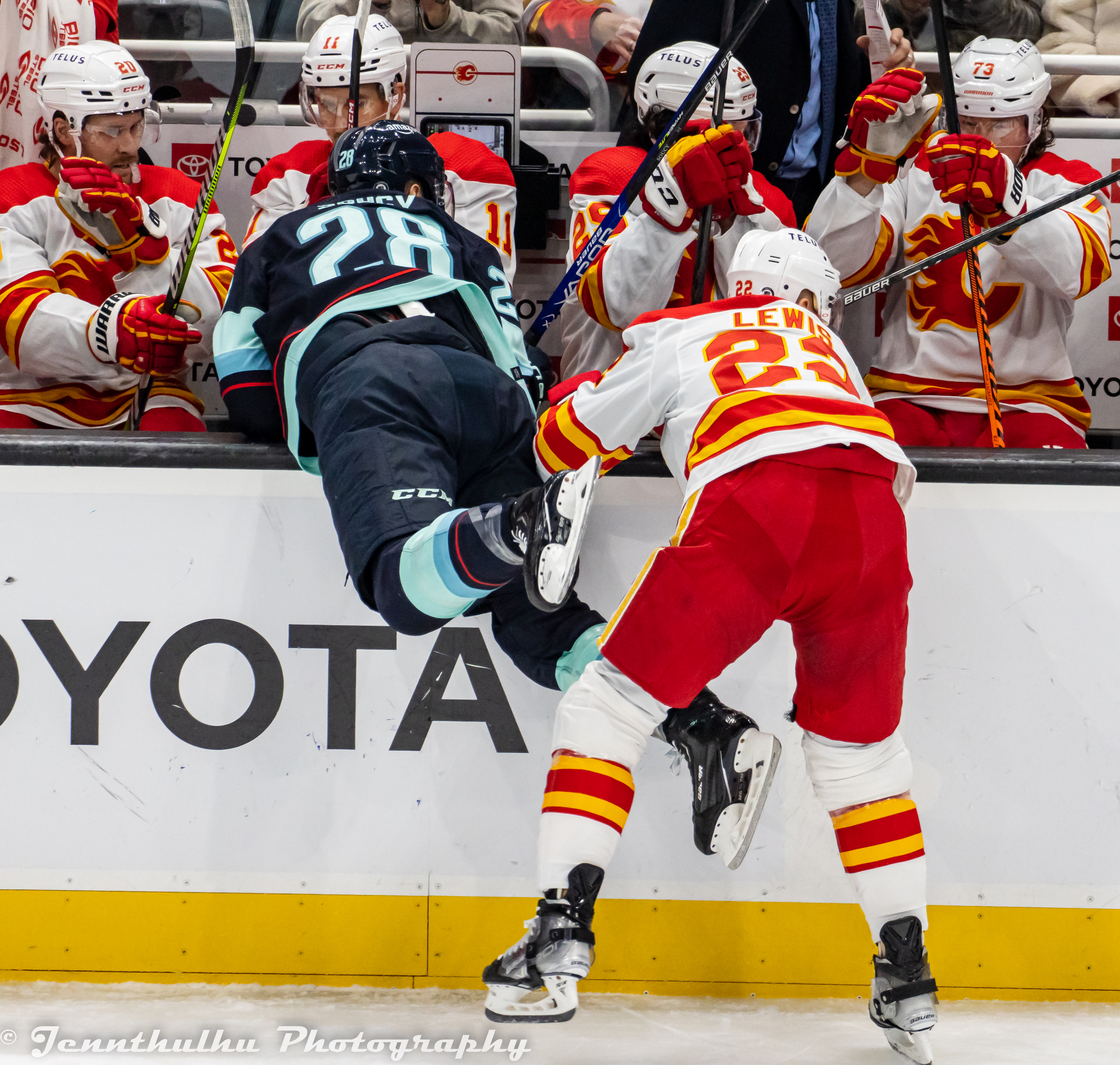 Trevor Lewis in Calgary Flames uniform during a game in Seattle, 2023
