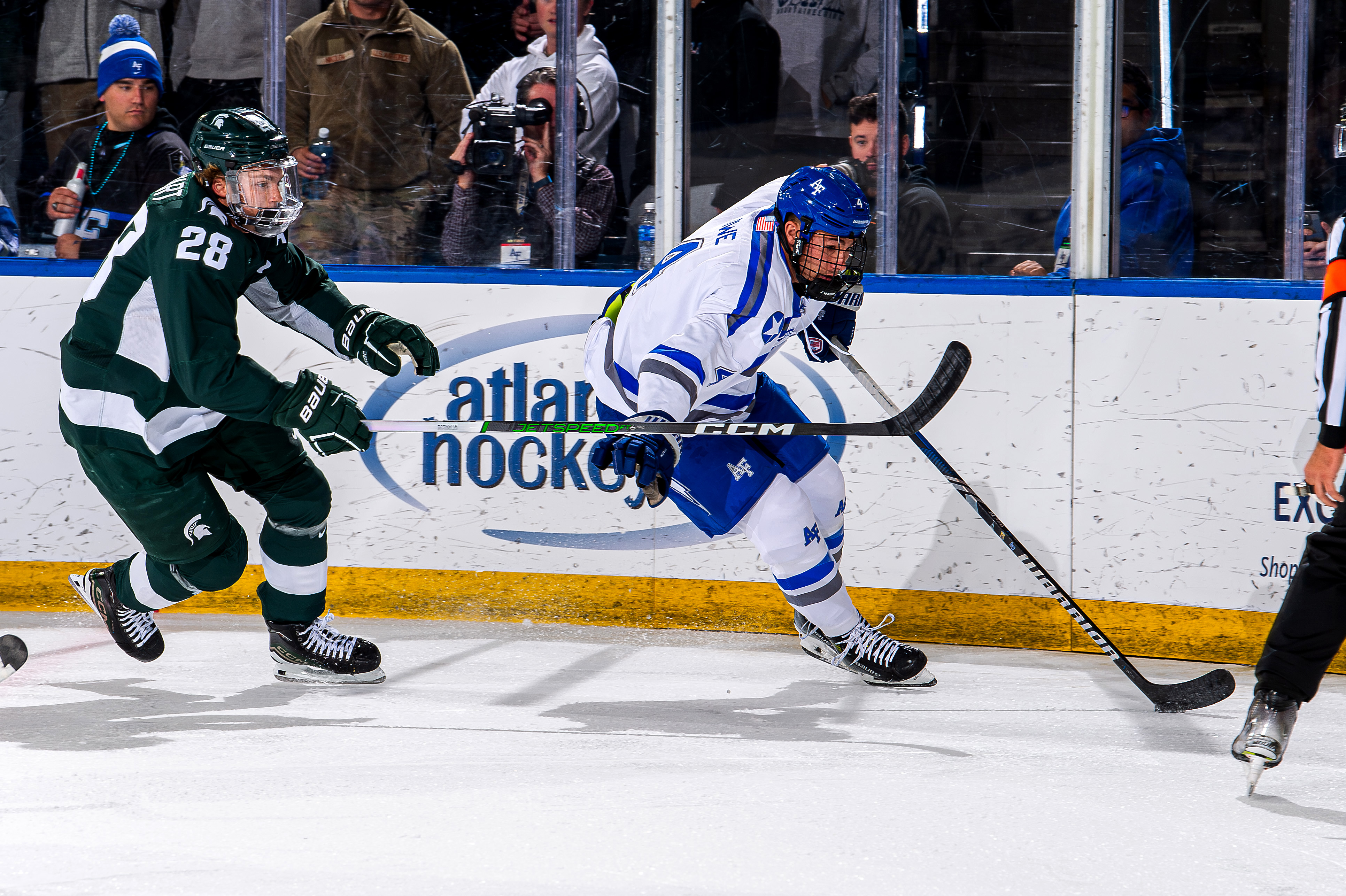 Karsen Dorwart challenged by Luke Rowe during Air Force game Oct 12, 2023