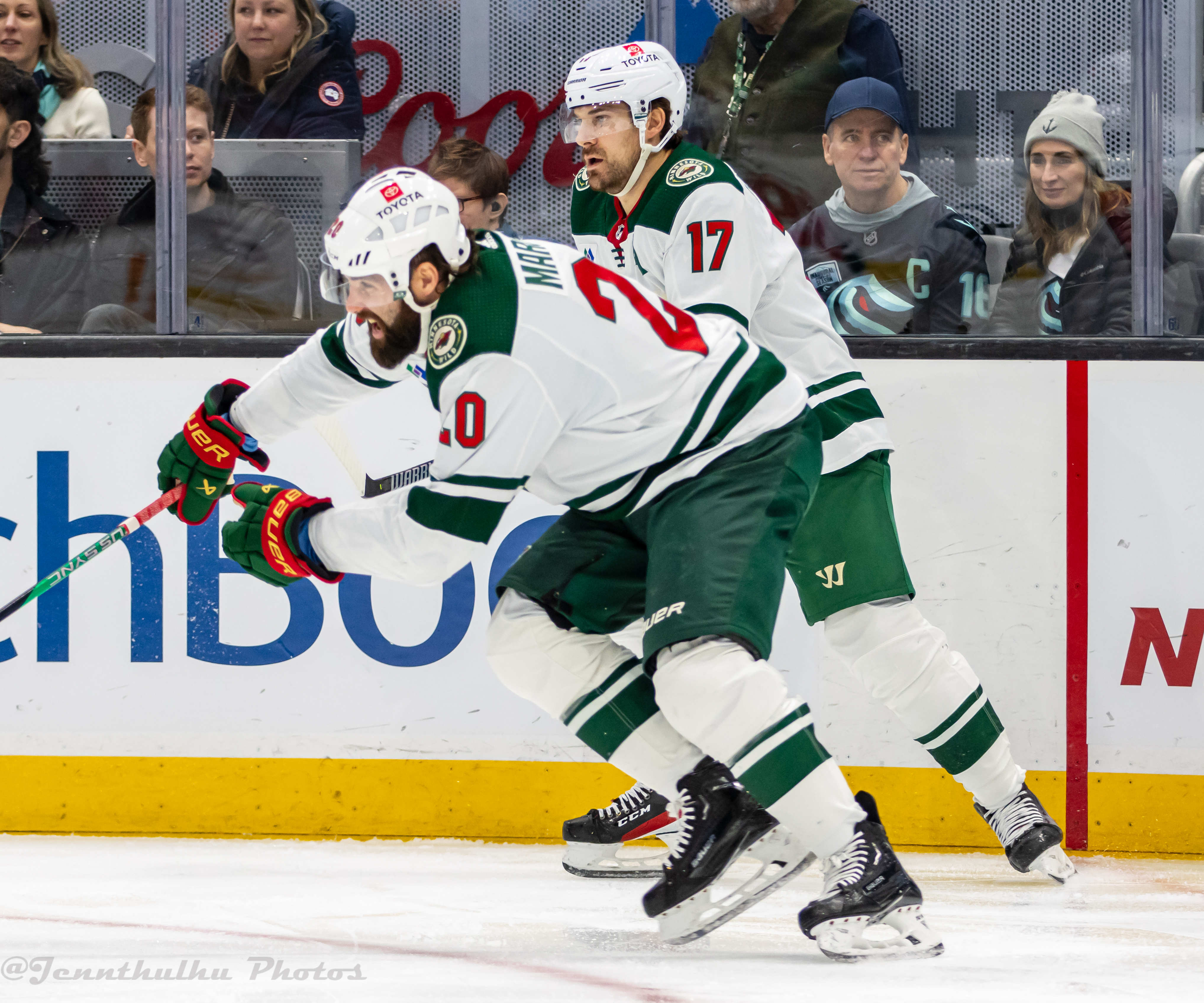 Patrick Maroon with Marcus Foligno during Wild at Seattle game, Dec 10, 2023