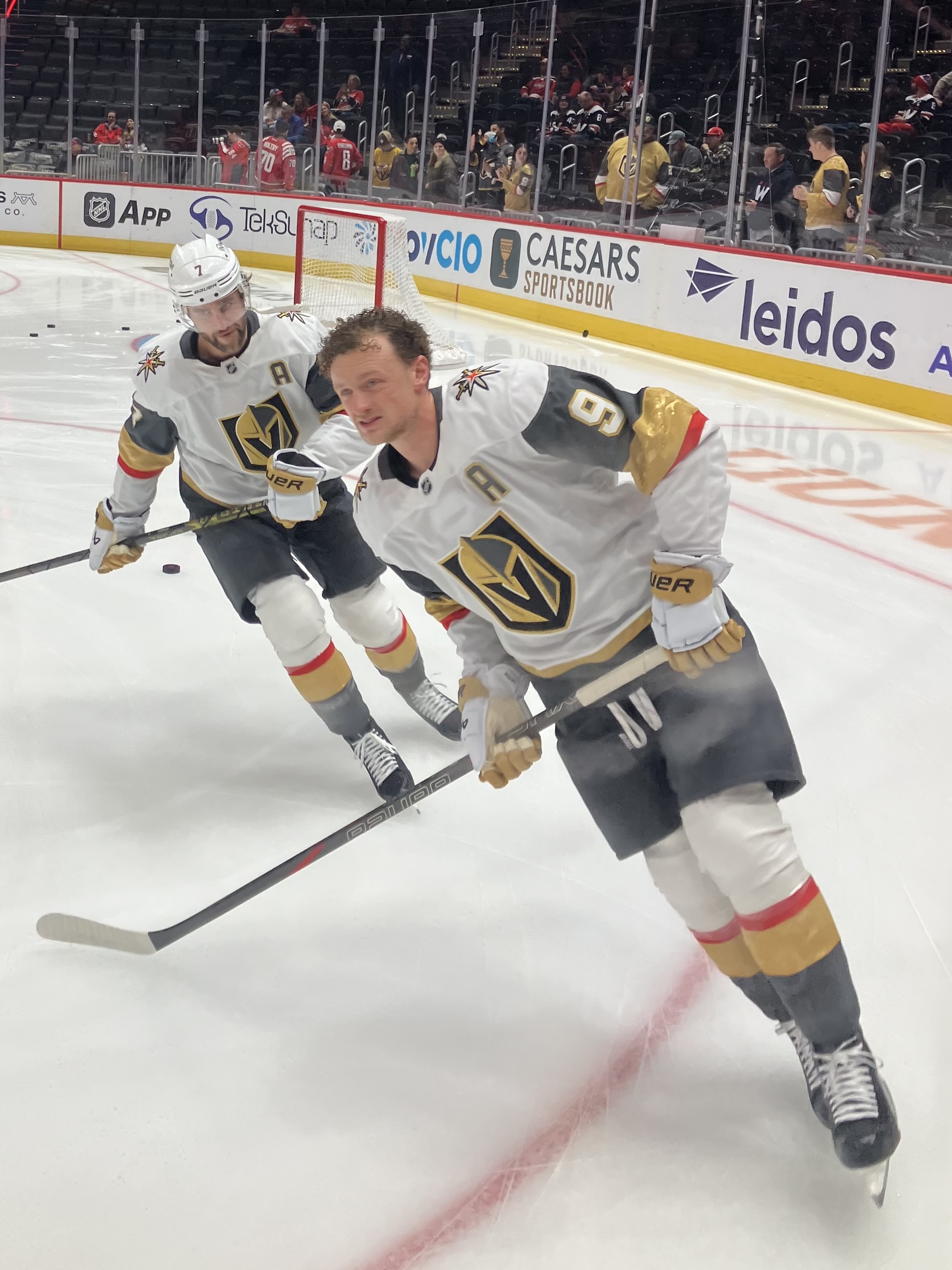 Jack Eichel and Alex Pietrangelo during warmups, October 2024