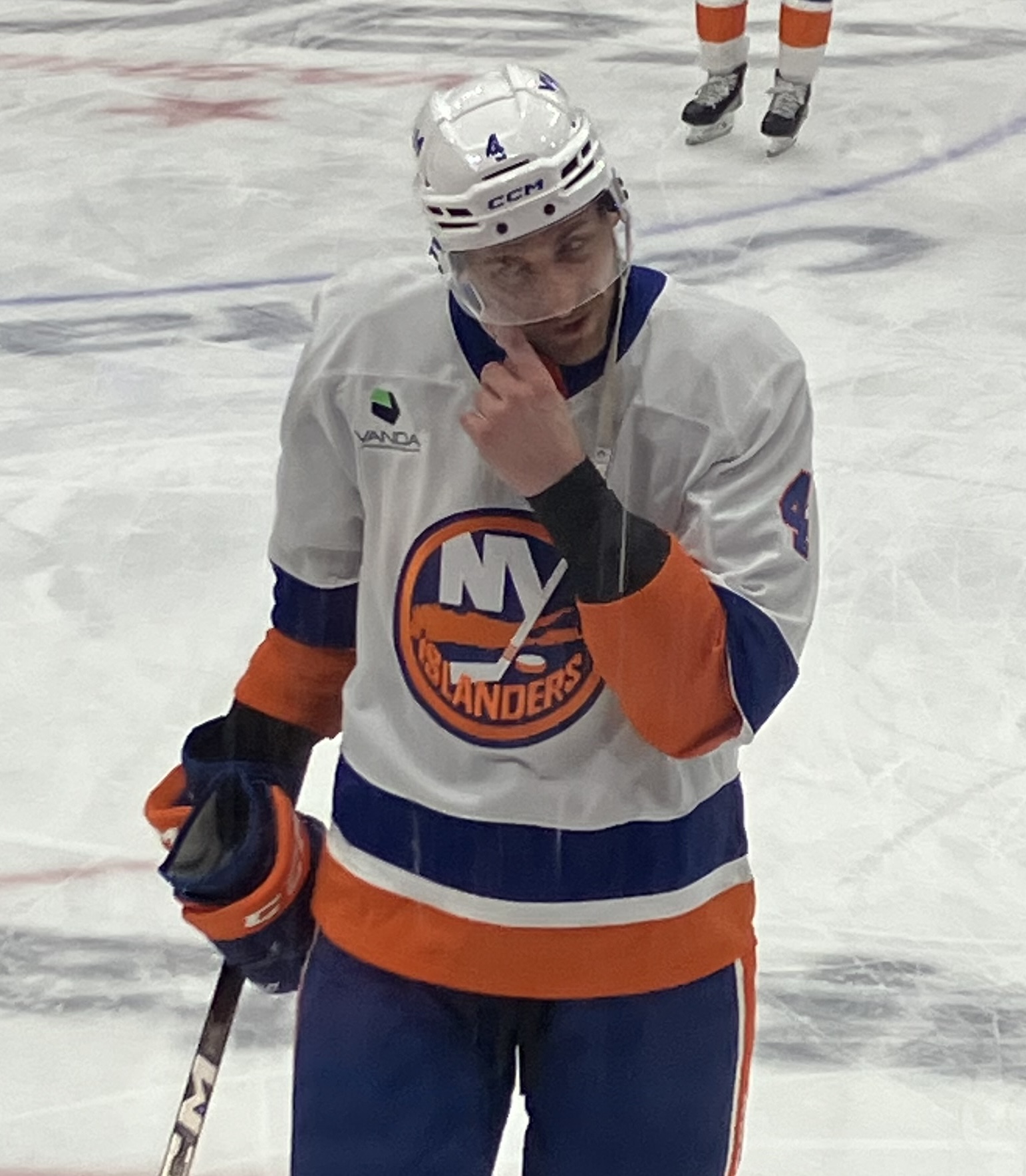 Carson Soucy warming up with the Islanders
