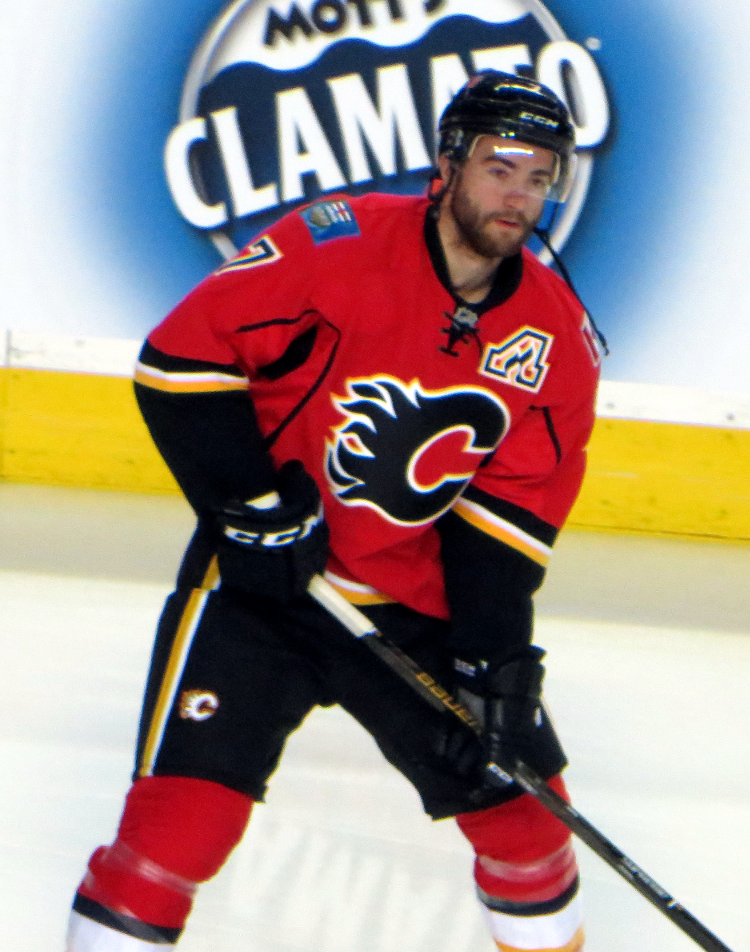 T. J. Brodie in a Flames jersey before a game in Calgary