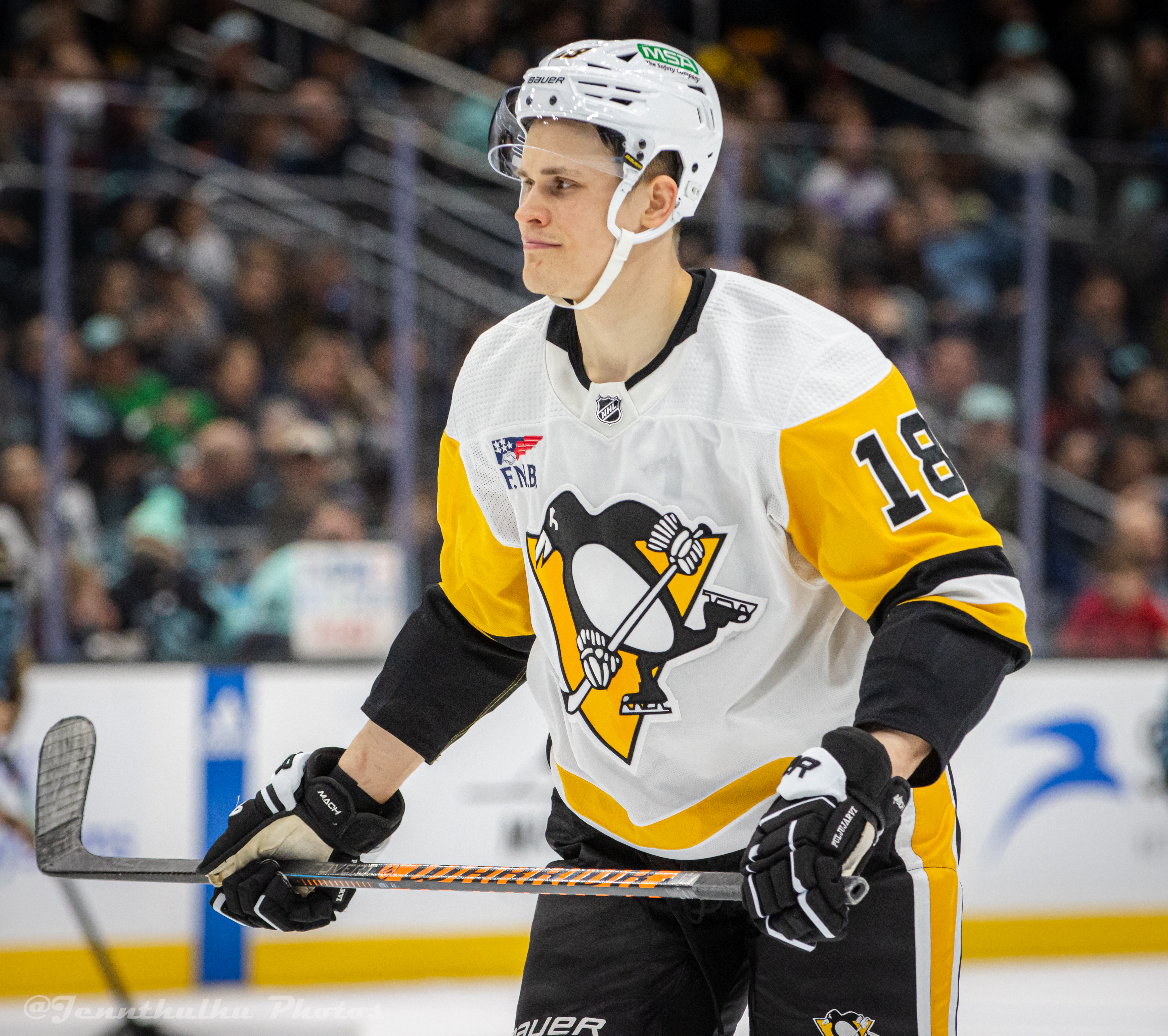Jesse Puljujärvi in action with the Penguins in Seattle, 29 Feb 2024
