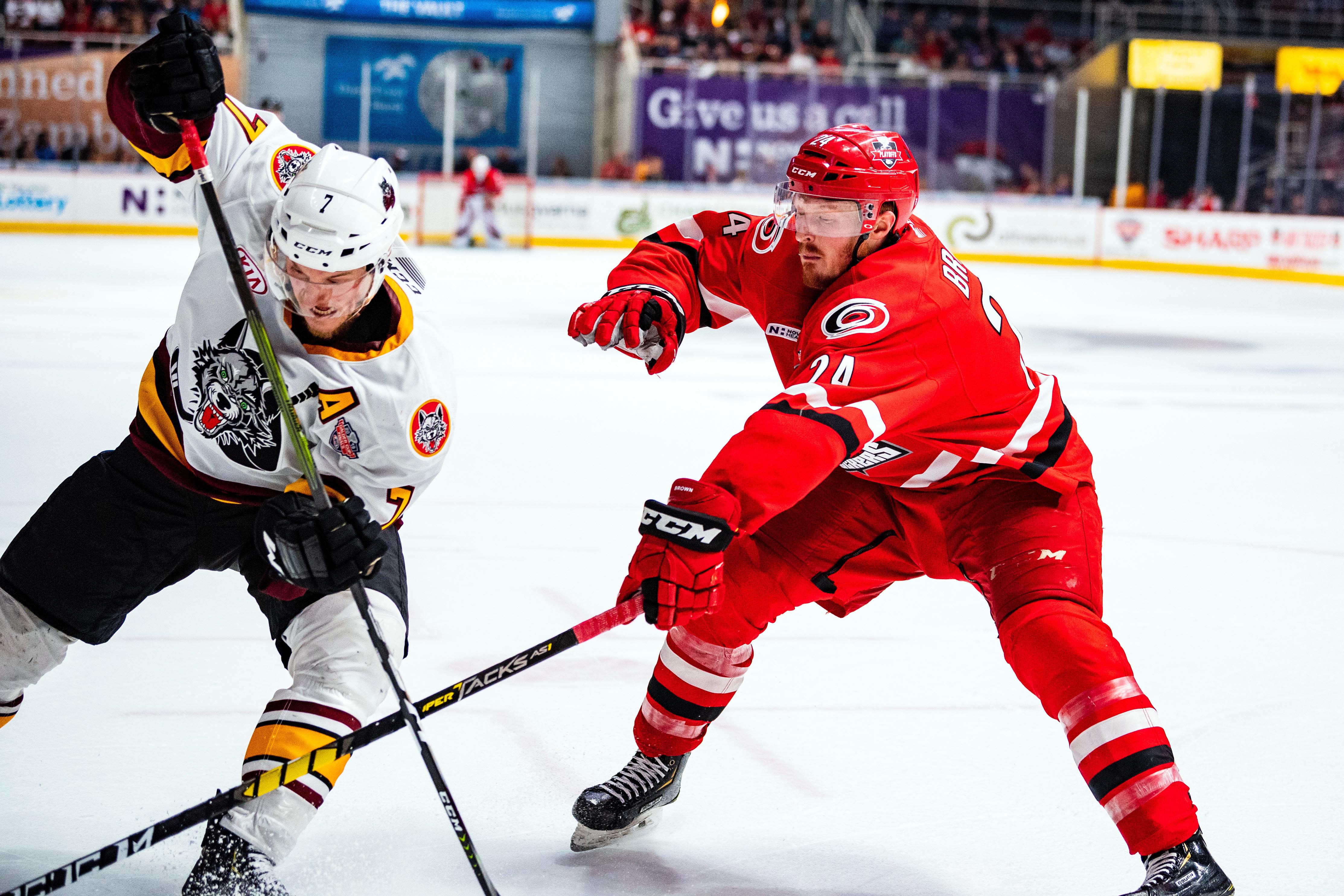 Patrick Brown in a battle during Game 1 of the 2019 Calder Cup finals