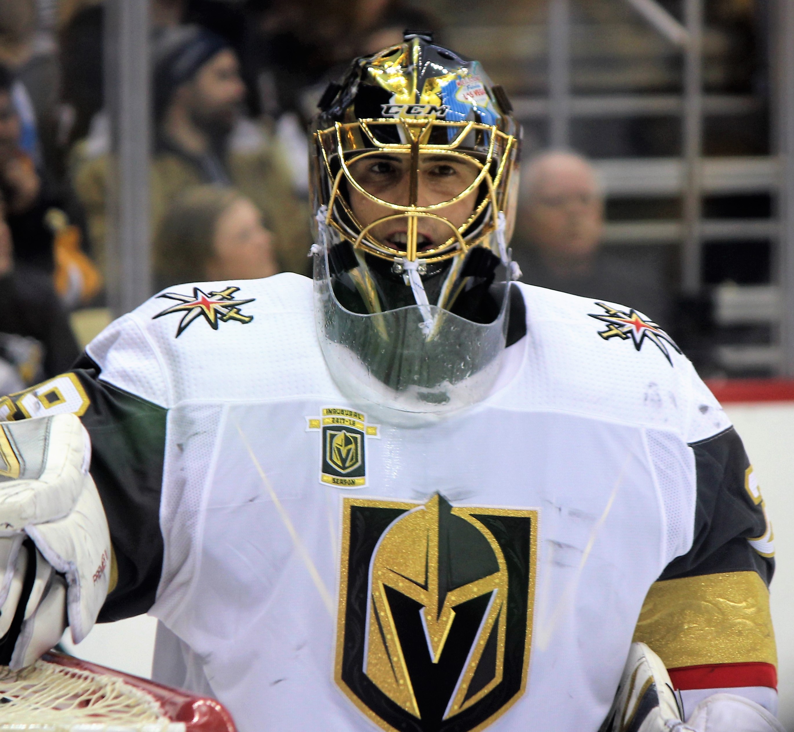 Marc‑André Fleury in Vegas Golden Knights gear during a game in Pittsburgh, 2018