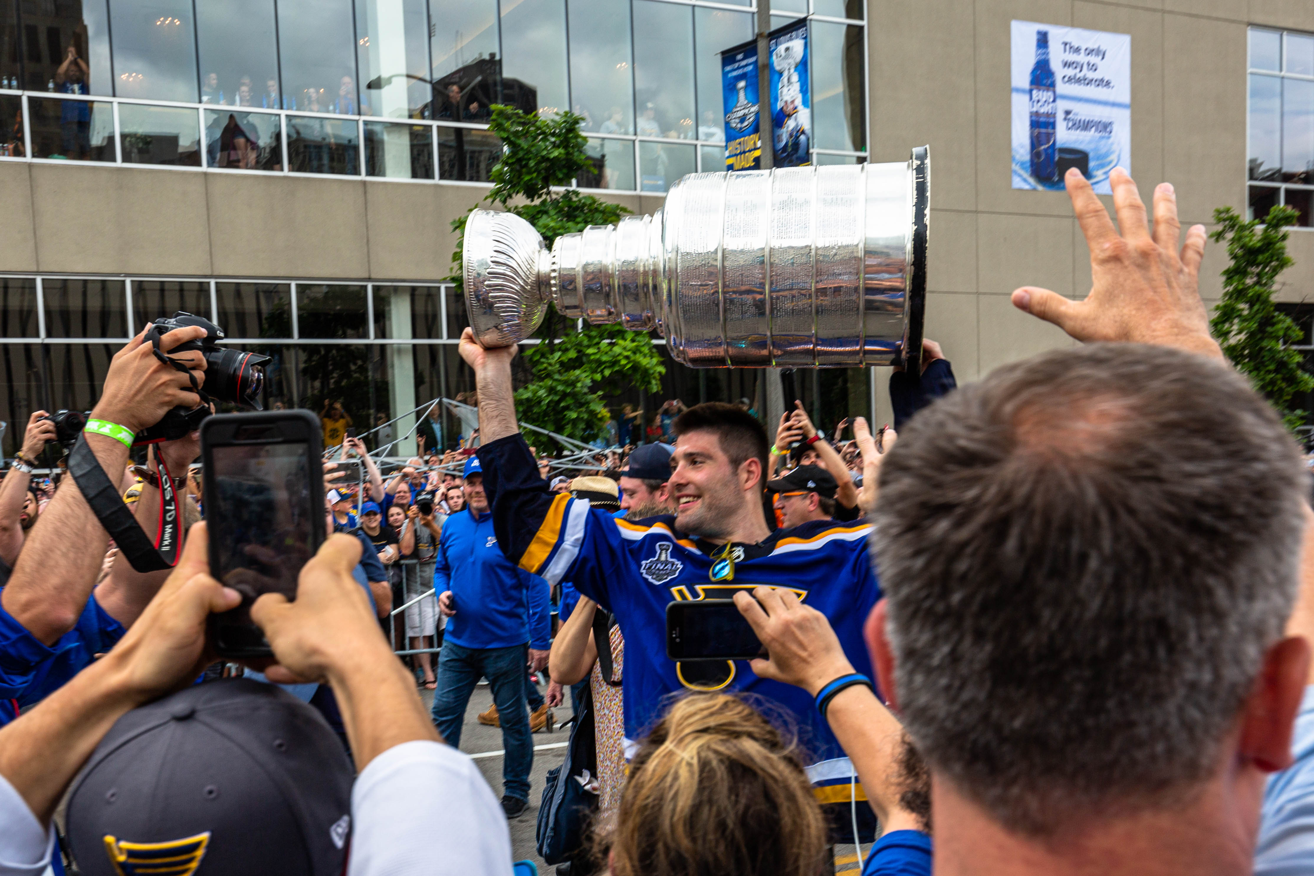 Patrick Maroon displays the Stanley Cup at Broadway and Market corner, June 15, 2019